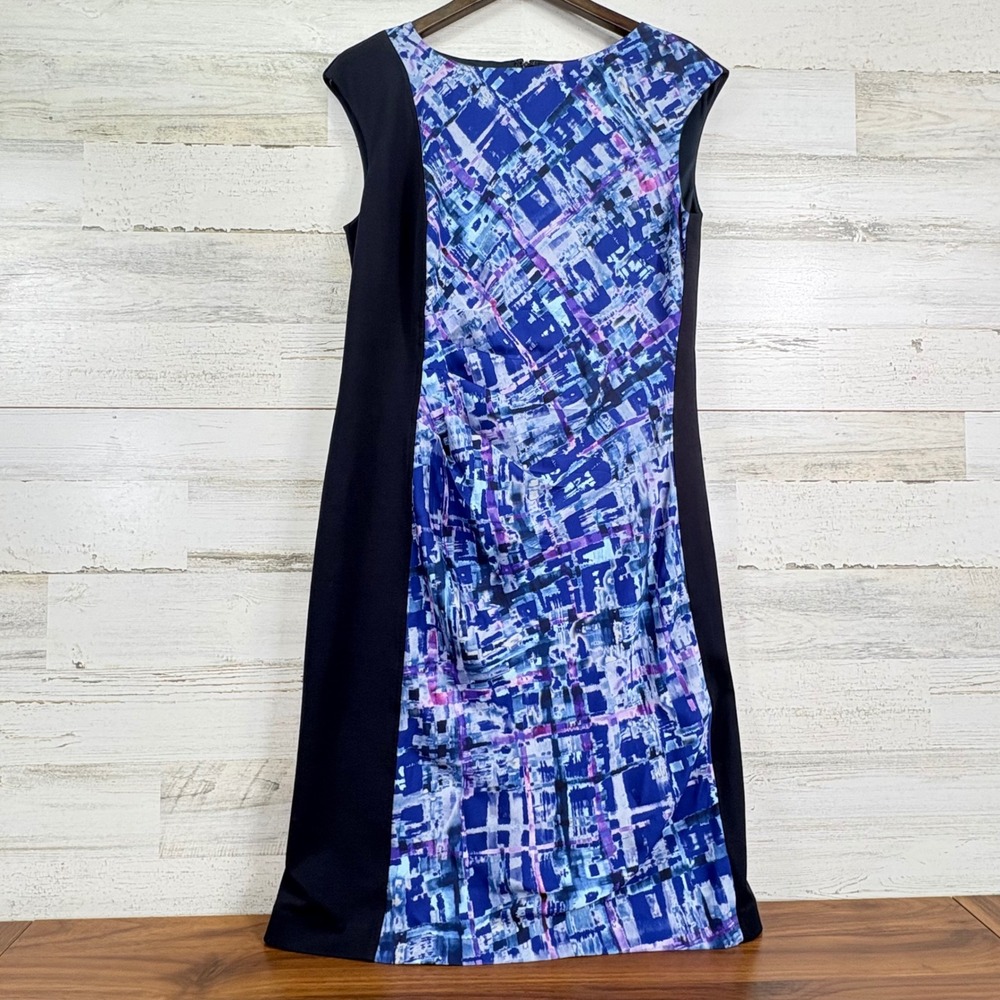 Travelsmith Womens Blue Purple Black Abstract Packable Slvless‎ Sheath Dress 12
